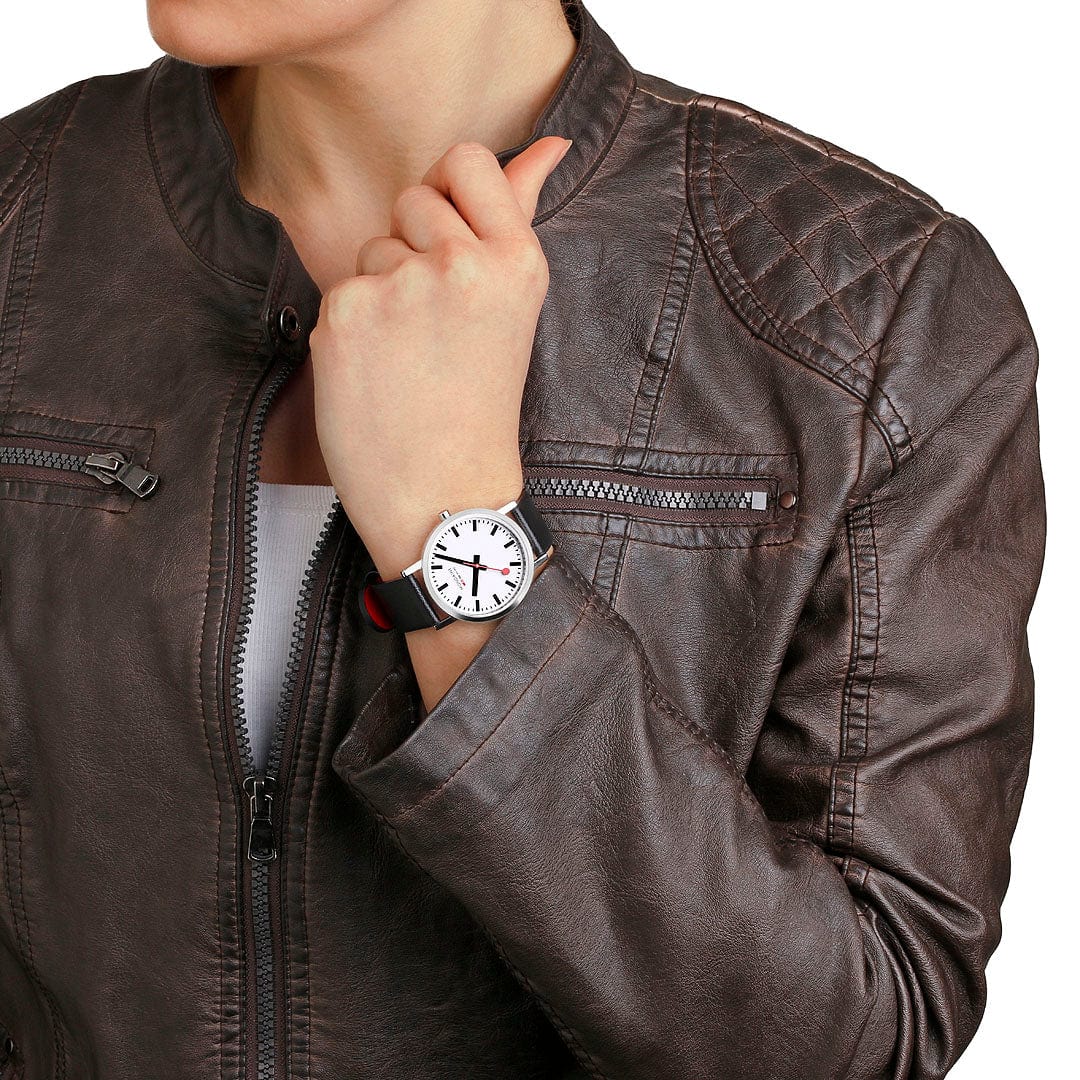 Mondaine Classic Polished Case, Black Vegan Grape Leather, 36 mm Watch