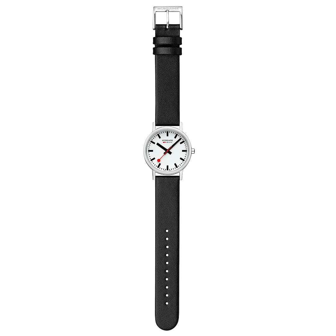 Mondaine Classic Polished Case, Black Vegan Grape Leather, 36 mm Watch