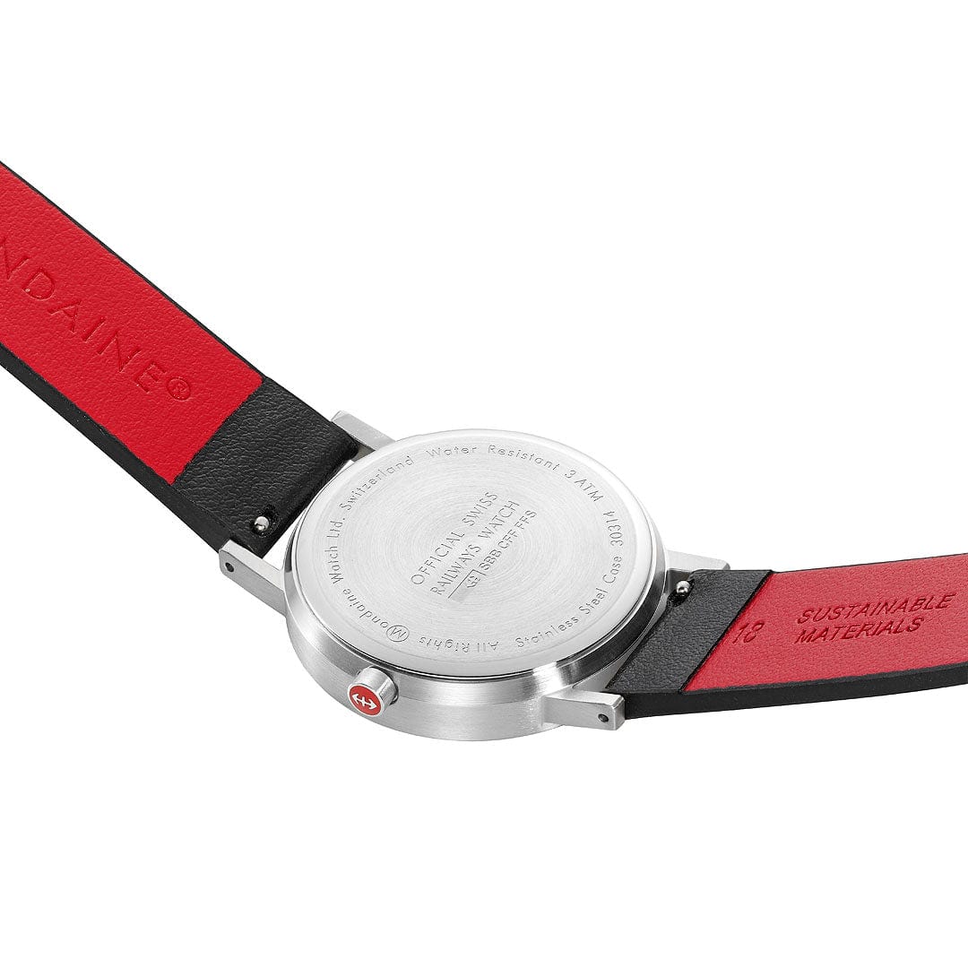 Mondaine Classic Brushed Steel Black, Vegan Grape Leather Strap, 36 mm