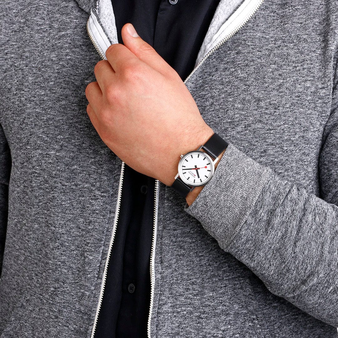 Mondaine Classic Brushed Steel Black, Vegan Grape Leather Strap, 36 mm