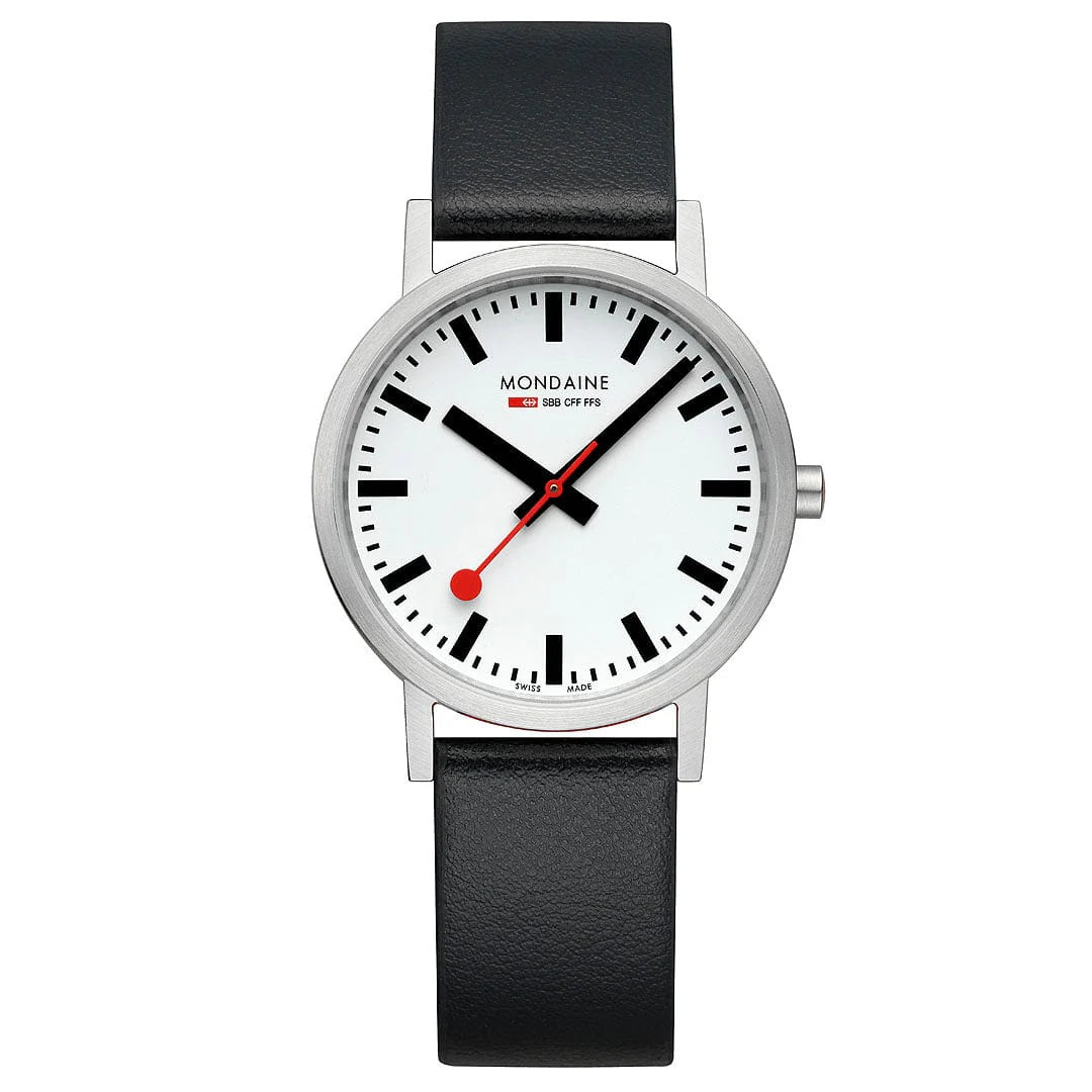 Mondaine Classic Brushed Steel Black, Vegan Grape Leather Strap, 36 mm