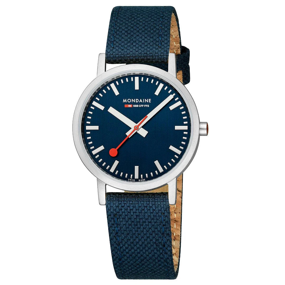 Mondaine Classic Brushed Steel Deep Ocean Blue Textile, 36 mm