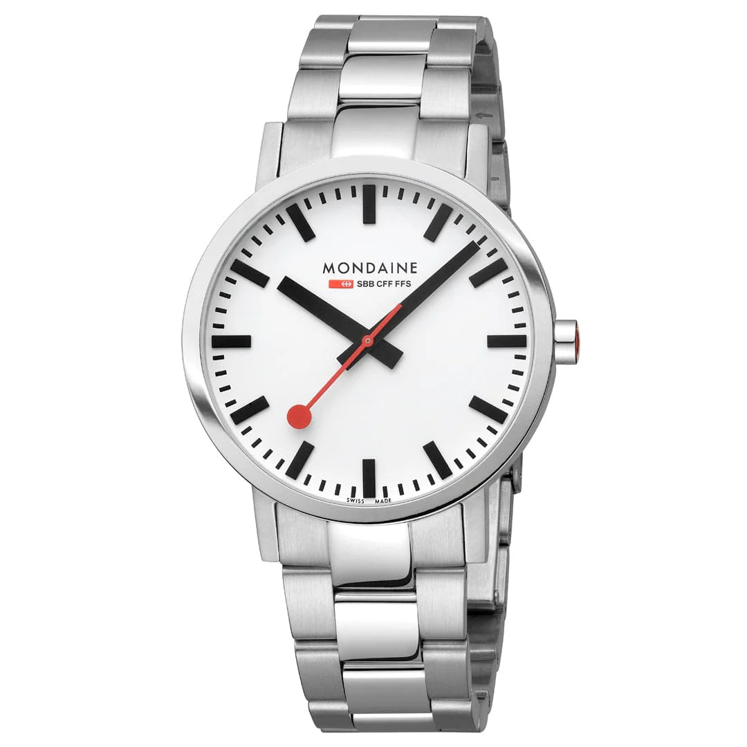 Mondaine Classic 40 mm, Stainless Steel Link Men's Watch Signature White Sundial