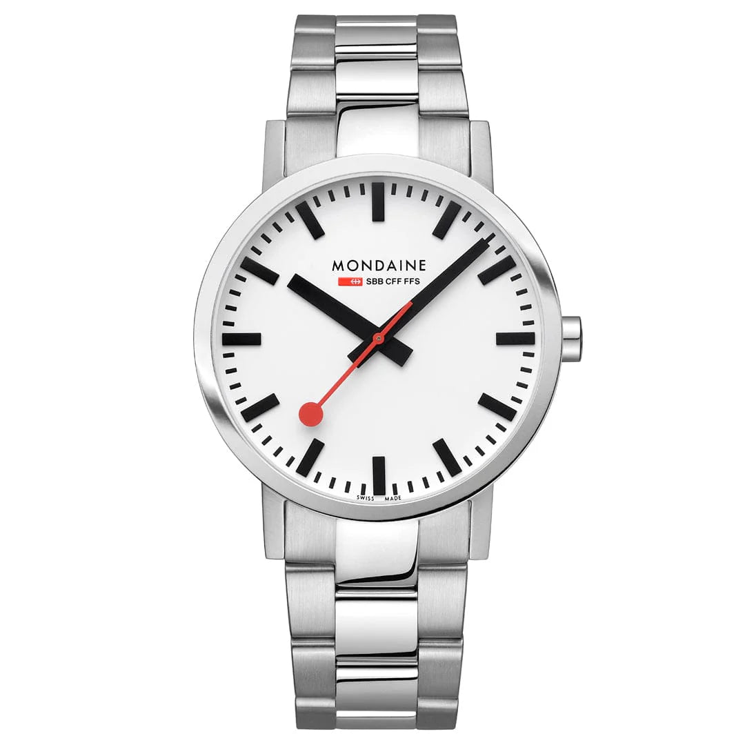 Mondaine Classic 40 mm, Stainless Steel Link Men's Watch Signature White Sundial