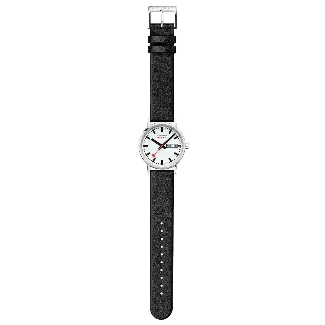 Mondaine Classic Polished Steel Day Date, Black Vegan Grape Leather, 36 mm Watch
