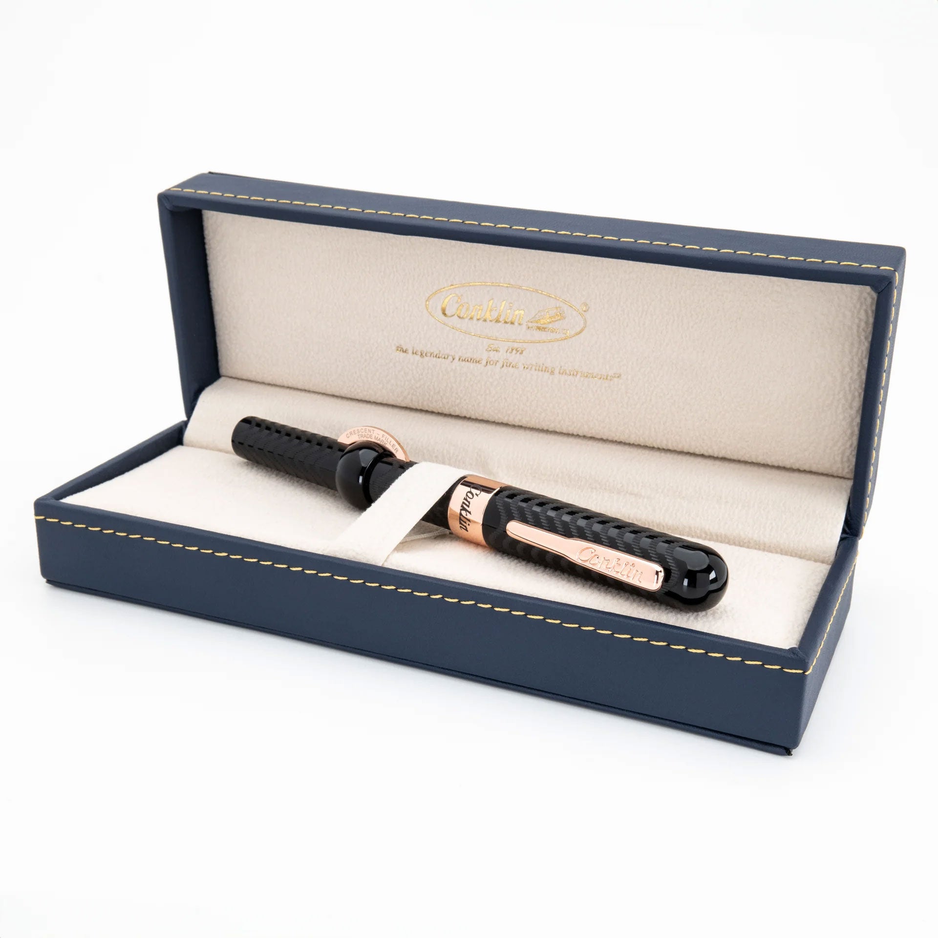 Conklin Mark Twain Crescent Filler Fountain Pen - Black w/ Rose Gold trim