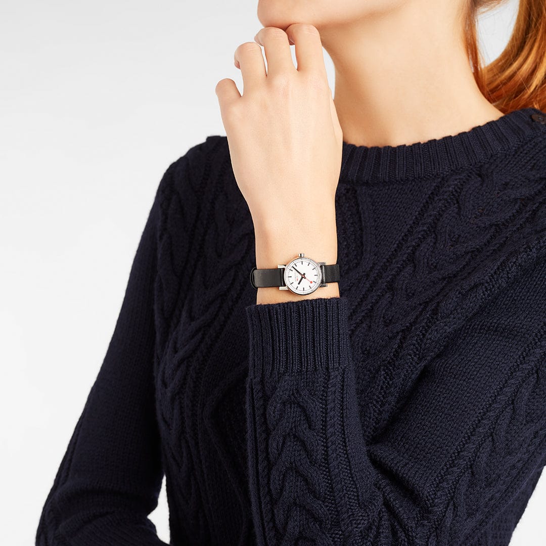 Mondaine Evo2 Women's Watch Black Vegan Grape Leather Strap, 26 mm