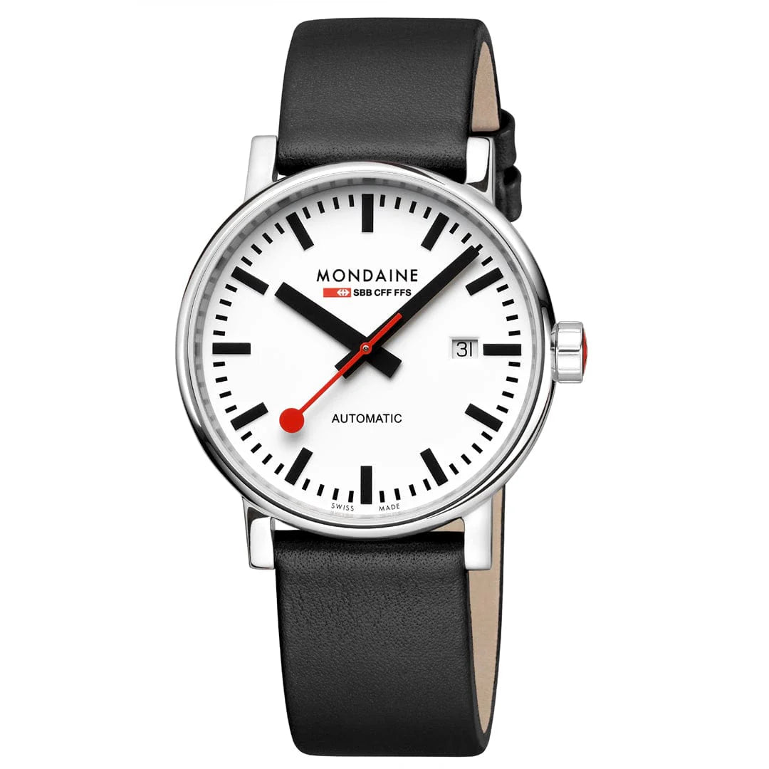 Mondaine EVO2 Automatic Watch, Polished Steel, 35 mm, Black Vegan Leather Strap
