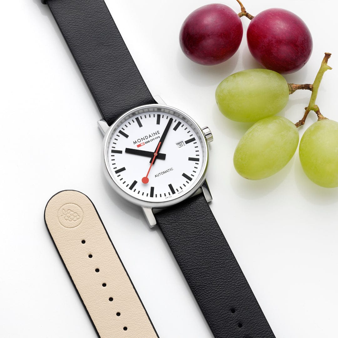 Mondaine EVO2 Automatic Watch, Polished Steel, 35 mm, Black Vegan Leather Strap