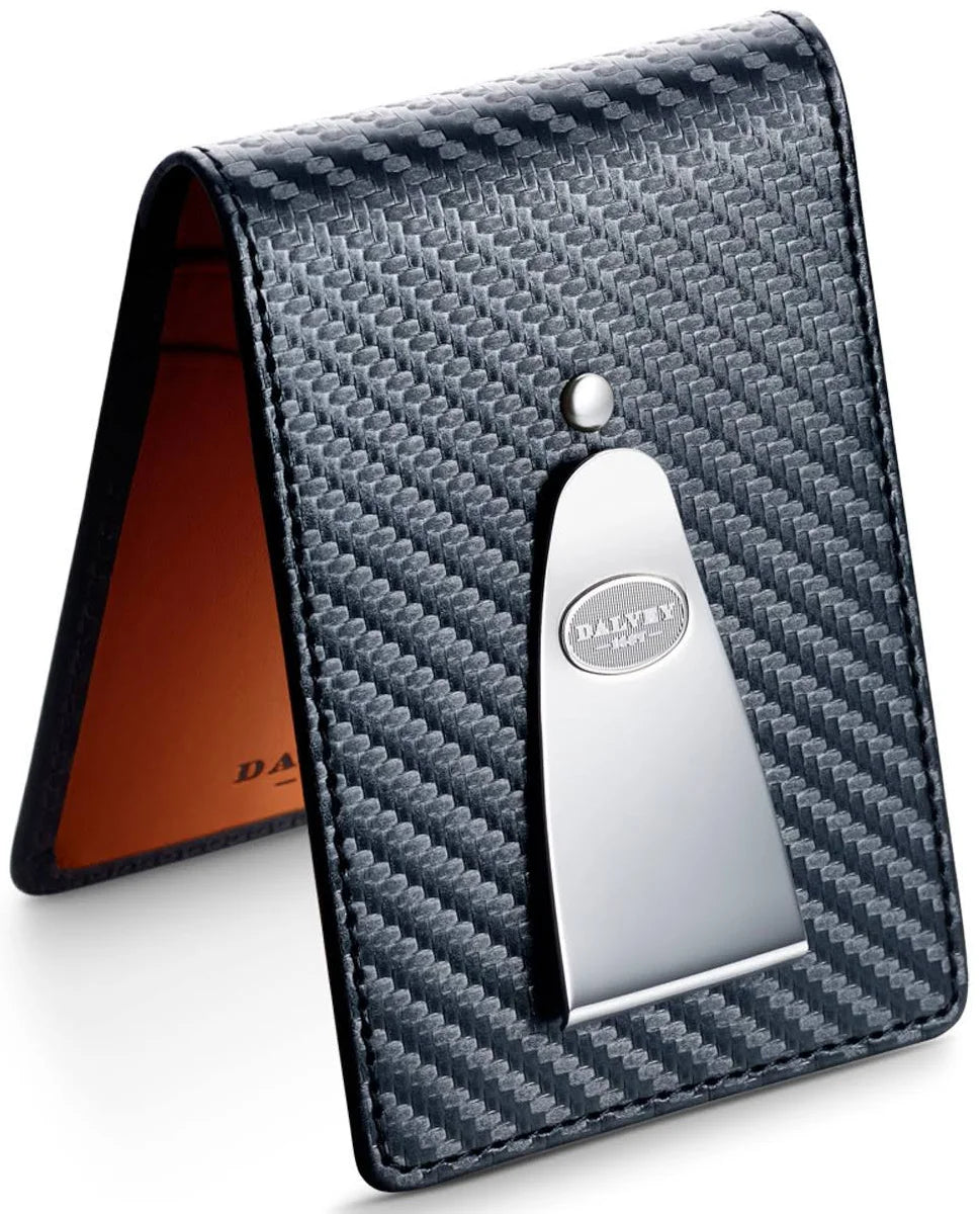 Dalvey Insignia Money Clip Wallet Black Carbon Fibre with Orange and Handkerchief