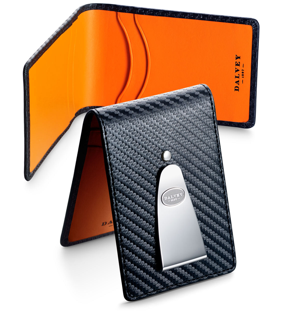 Dalvey Insignia Money Clip Wallet Black Carbon Fibre with Orange and Handkerchief