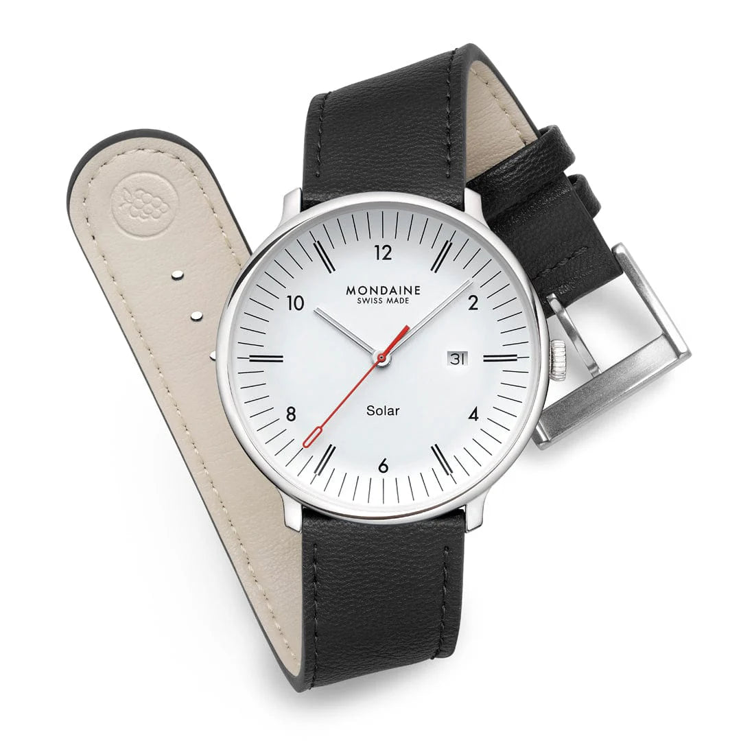 Mondaine Doppio Solar Powered 41 mm Black Vegan Apple Leather Strap