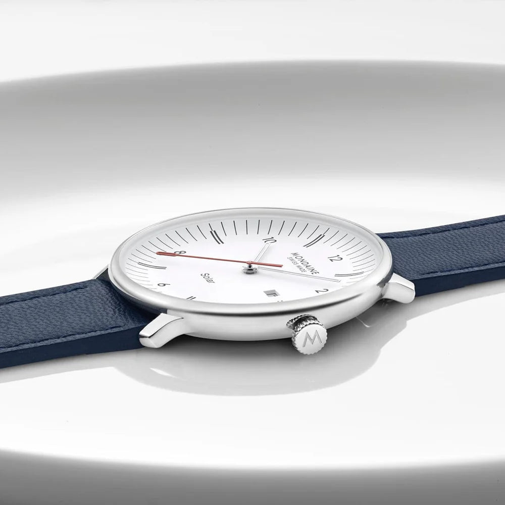 Mondaine Doppio Solar Powered 41 mm Blue Vegan Apple Leather Strap