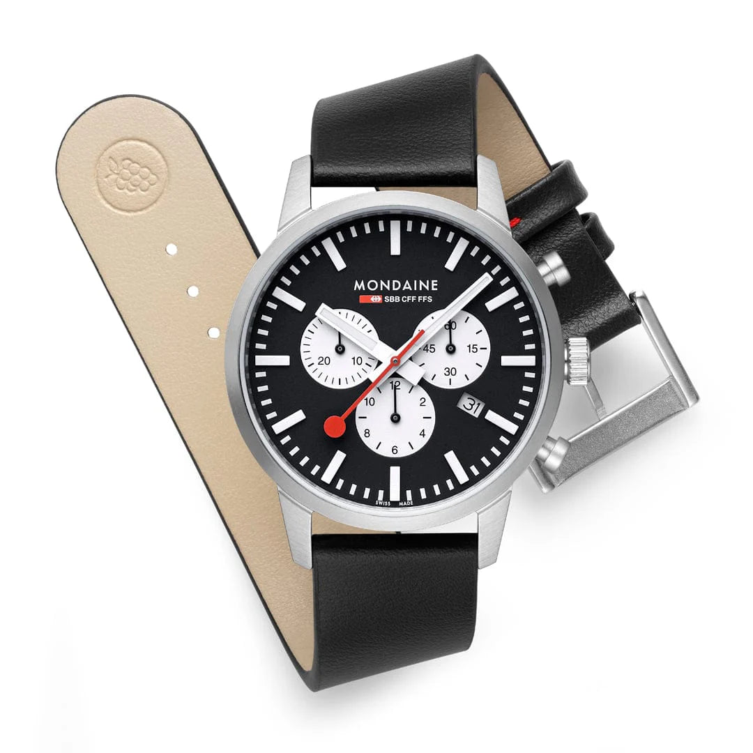 Mondaine NEO, Black Vegan Grape Leather, 41 mm Chronograph Men's Watch