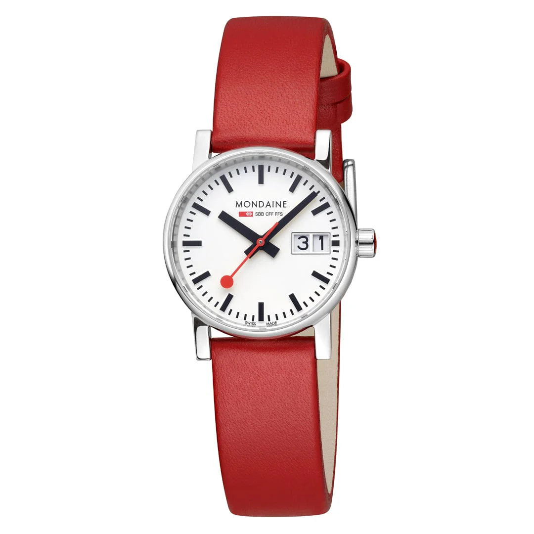 Mondaine EVO2 Women's Watch, Polished Steel, 30 mm, Red Vegan Grape Leather Strap