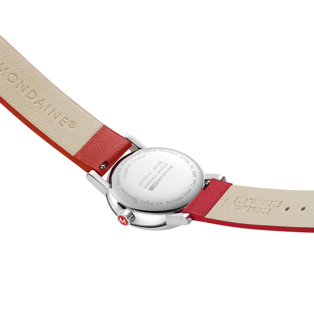 Mondaine EVO2 Women's Watch, Polished Steel, 30 mm, Red Vegan Grape Leather Strap