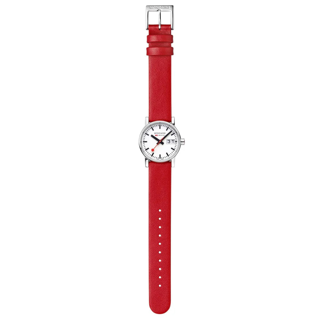 Mondaine EVO2 Women's Watch, Polished Steel, 30 mm, Red Vegan Grape Leather Strap
