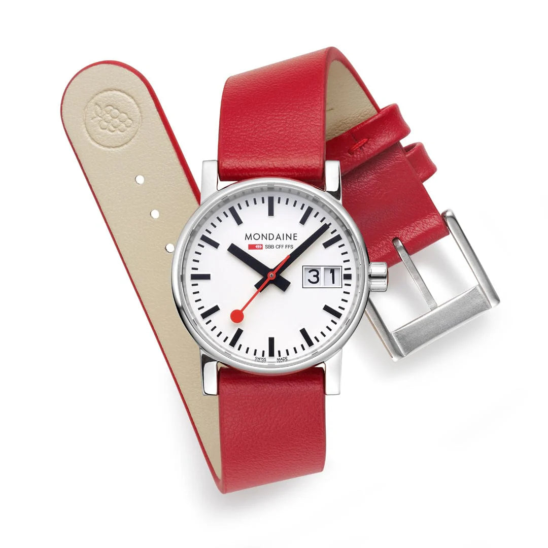 Mondaine EVO2 Women's Watch, Polished Steel, 30 mm, Red Vegan Grape Leather Strap