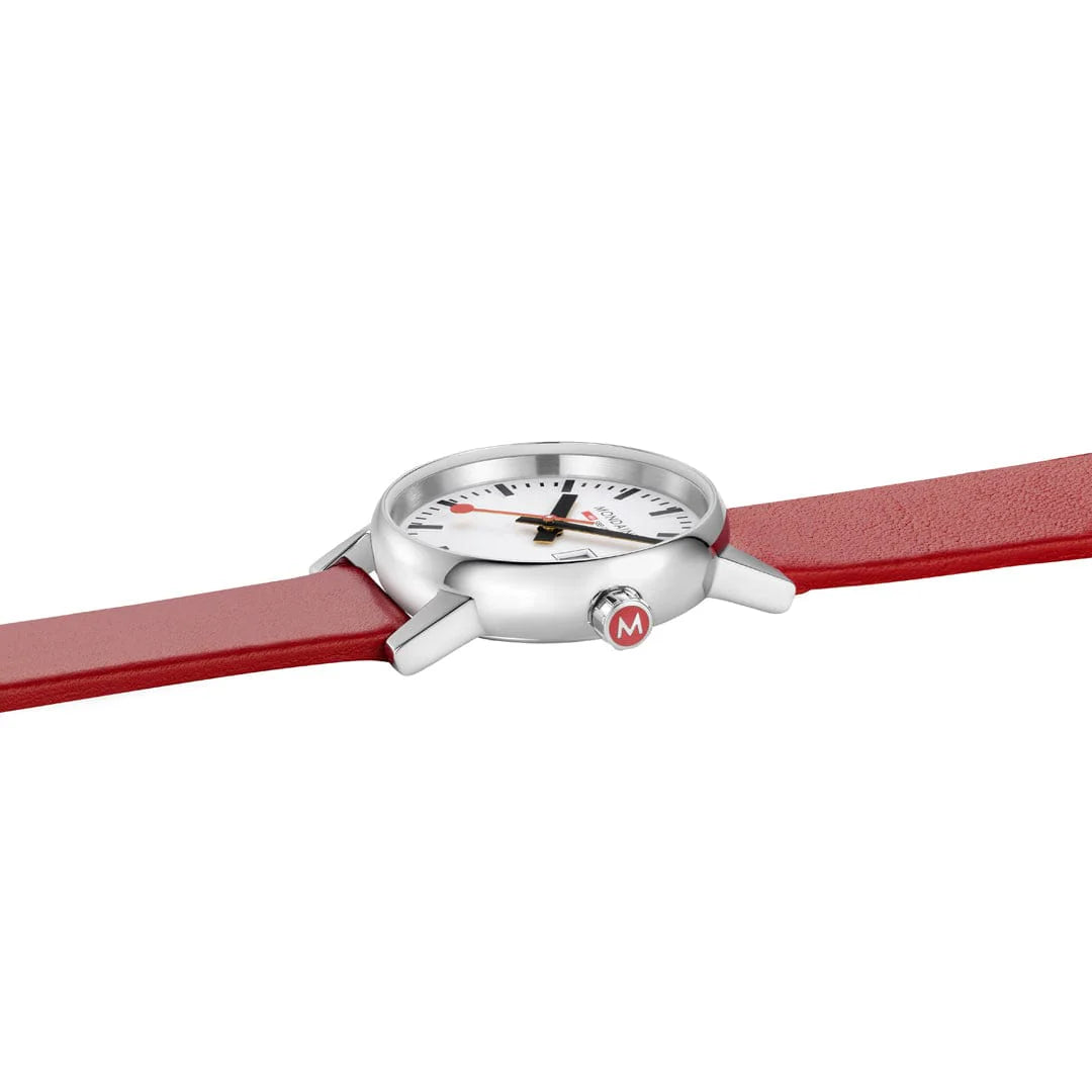 Mondaine EVO2 Women's Watch, Polished Steel, 30 mm, Red Vegan Grape Leather Strap