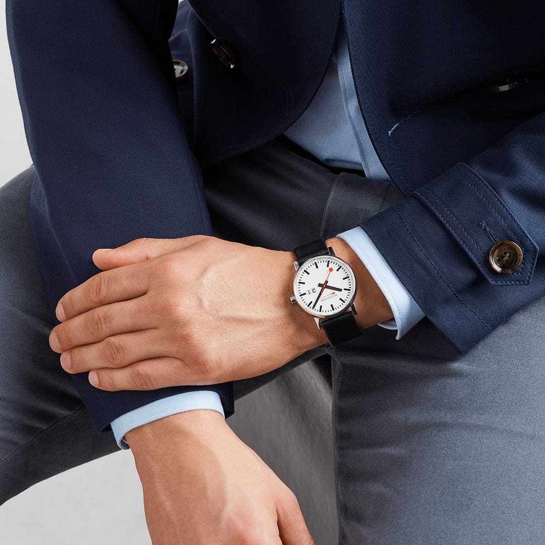 Mondaine Evo2 Big Date Men's Watch, Polished Steel, 40 mm, Black Vegan Leather Strap