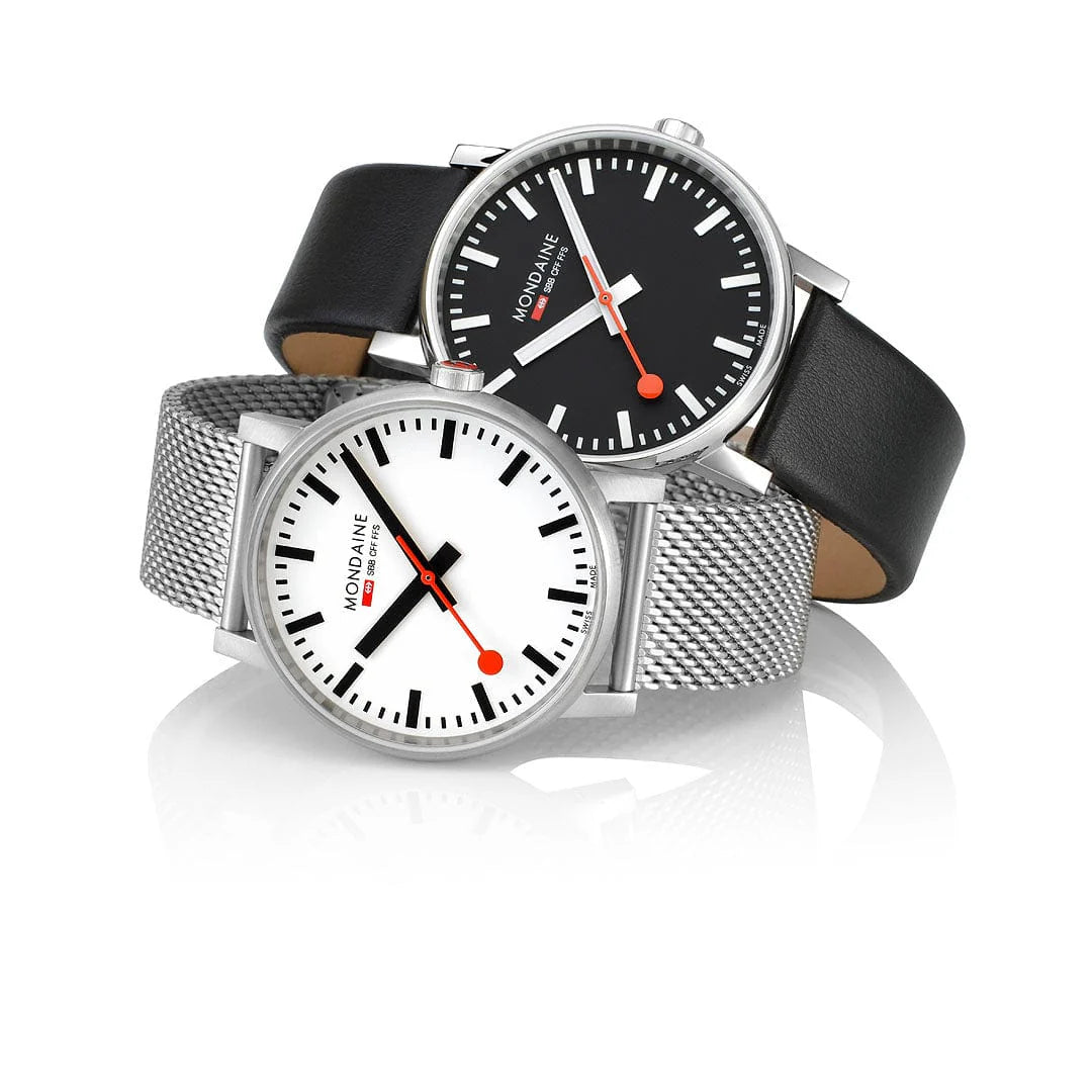 Mondaine Evo2 Men's Watch, Polished Steel, 43 mm, Black Vegan Leather Strap