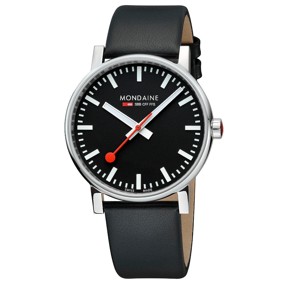 Mondaine Evo2 Men's Watch, Polished Steel, 43 mm, Black Vegan Leather Strap