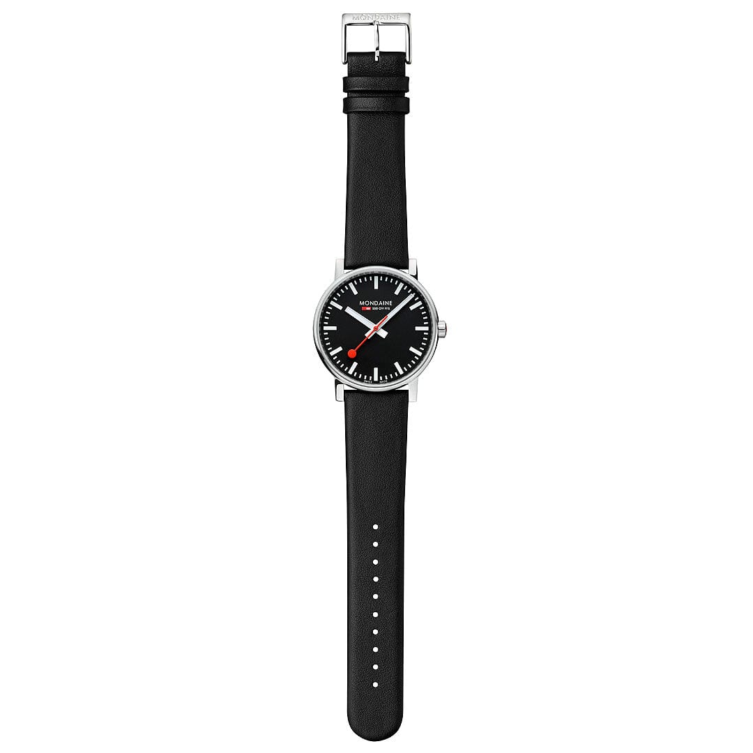 Mondaine Evo2 Men's Watch, Polished Steel, 43 mm, Black Vegan Leather Strap