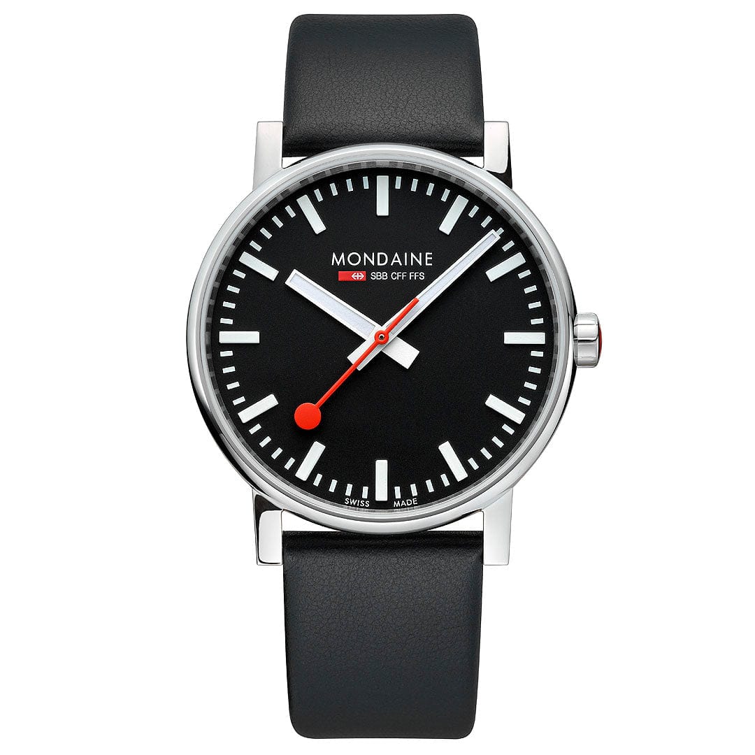 Mondaine Evo2 Men's Watch, Polished Steel, 43 mm, Black Vegan Leather Strap