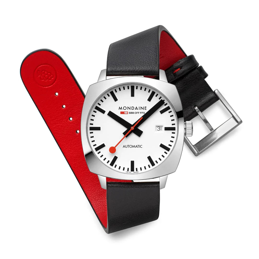 Mondaine Cushion Automatic Watch 39 mm, Black Vegan Leather MSL.3961B.LBV