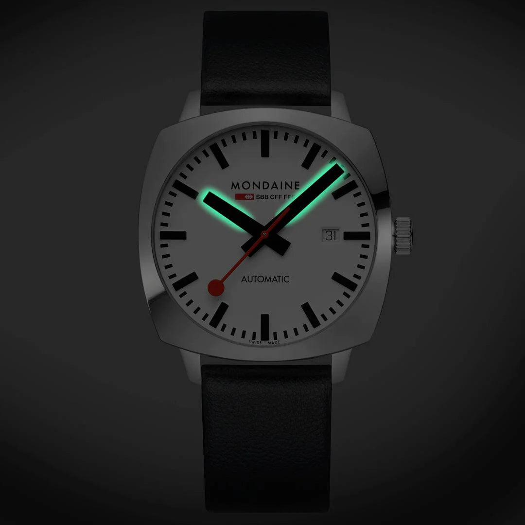 Mondaine Cushion Automatic Watch 39 mm, Black Vegan Leather MSL.3961B.LBV