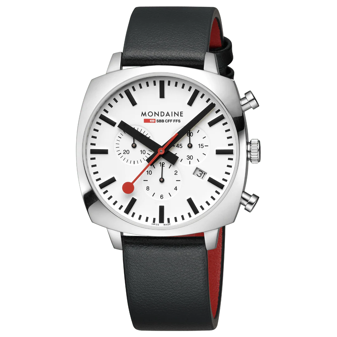 Mondaine Cushion Black vegan grape leather 41 mm Chronograph Watch MSL.41410.LBV.SET