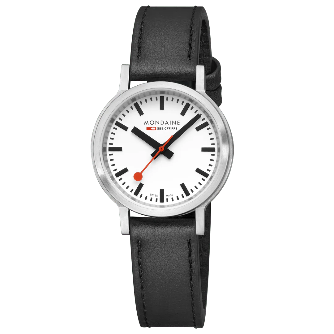 Mondaine stop2go watch Black Vegan Leather Strap, 34 mm