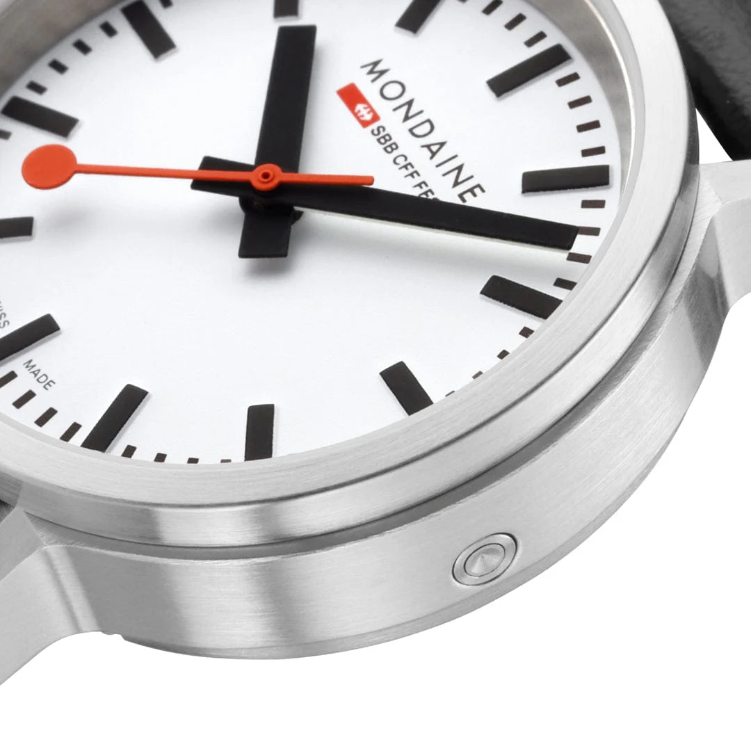 Mondaine stop2go watch Black Vegan Leather Strap, 34 mm