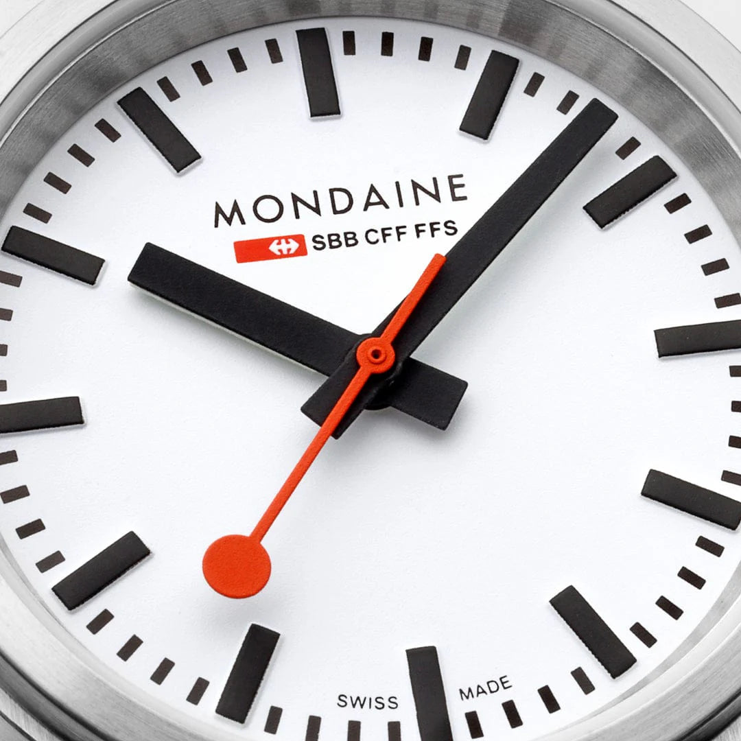 Mondaine stop2go watch Black Vegan Leather Strap, 34 mm