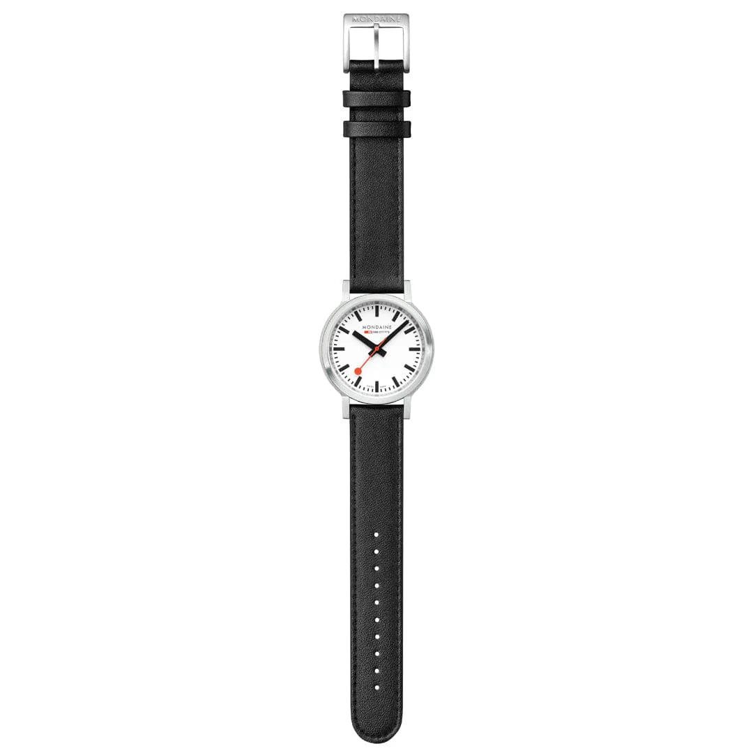 Mondaine stop2go watch Black Vegan Leather Strap, 34 mm