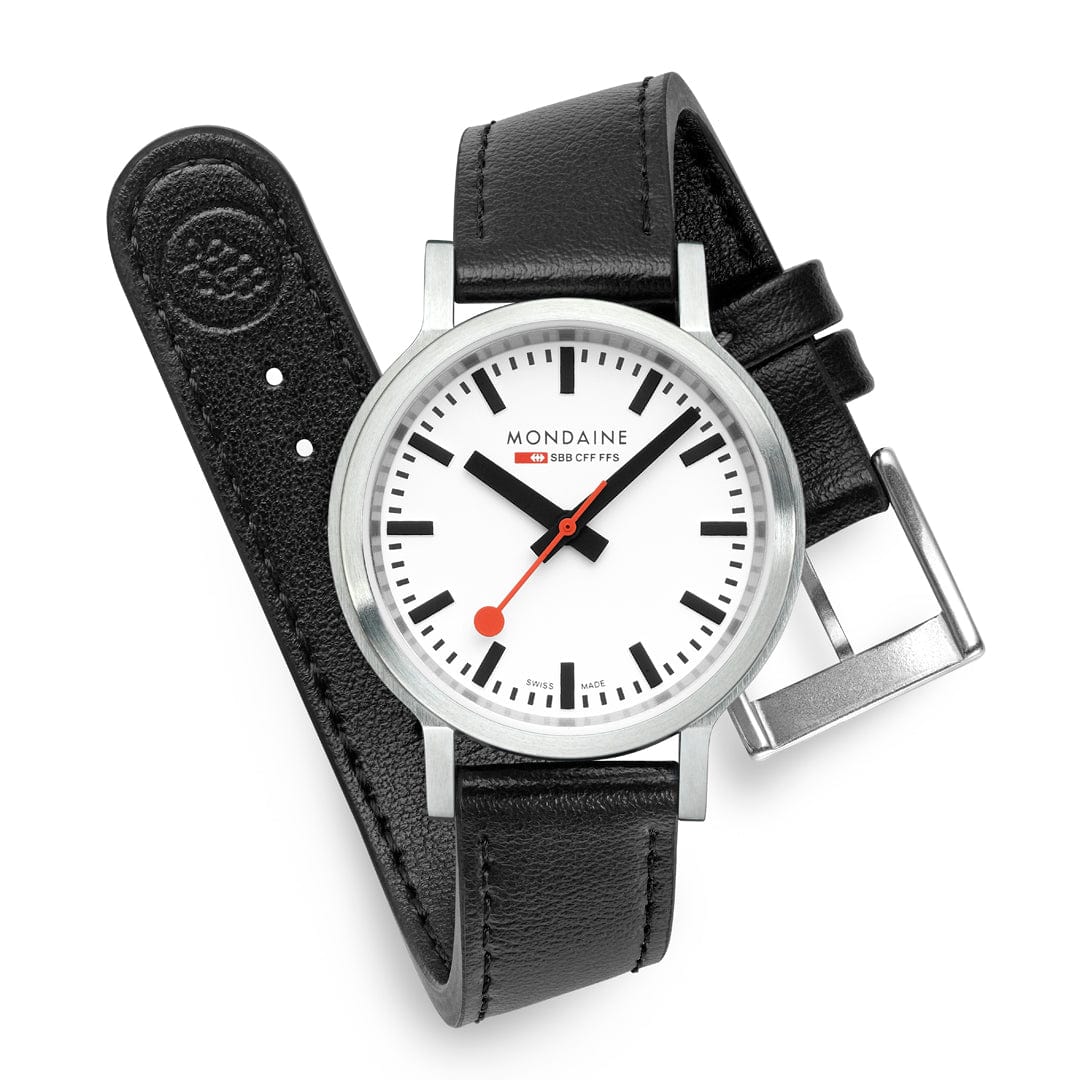 Mondaine stop2go watch Black Vegan Leather Strap, 34 mm