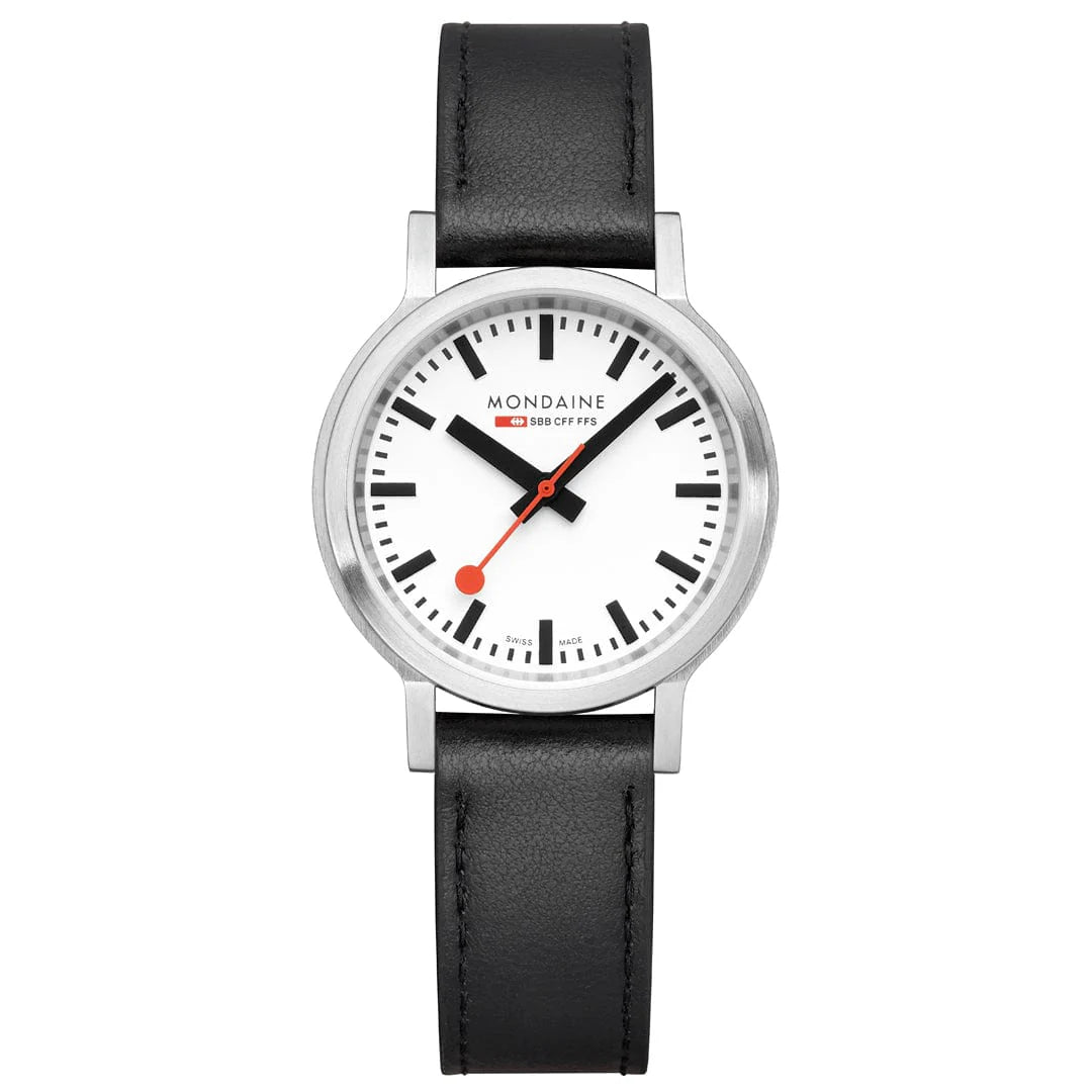 Mondaine stop2go watch Black Vegan Leather Strap, 34 mm