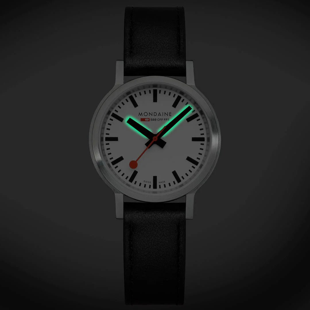 Mondaine stop2go watch Black Vegan Leather Strap, 34 mm