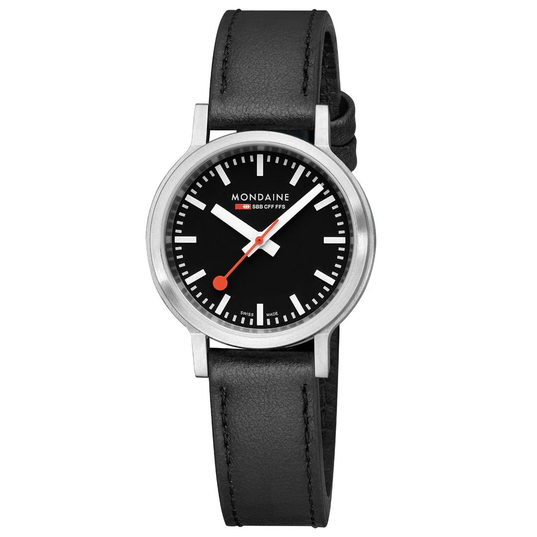 Mondaine stop2go watch Black Vegan Leather Strap, 34 mm