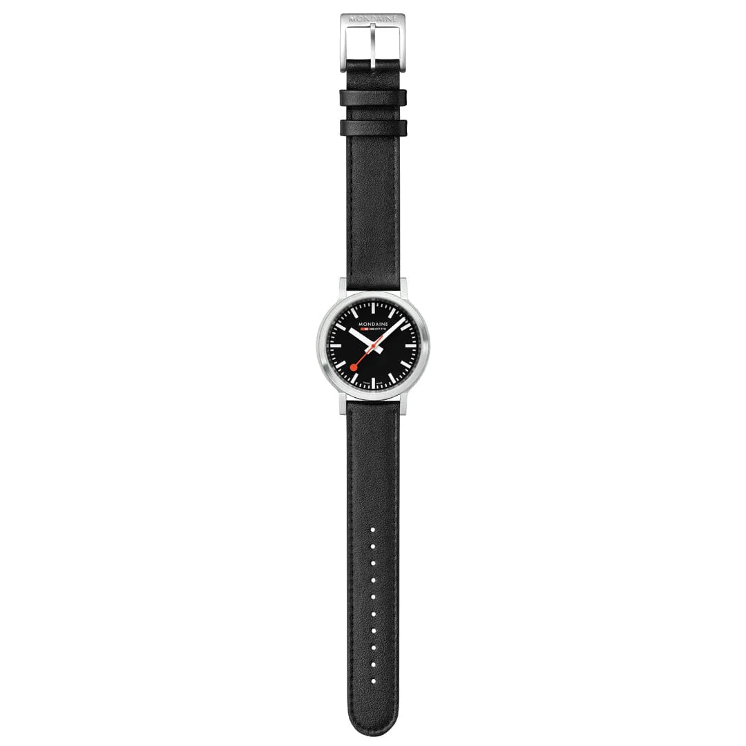 Mondaine stop2go watch Black Vegan Leather Strap, 34 mm