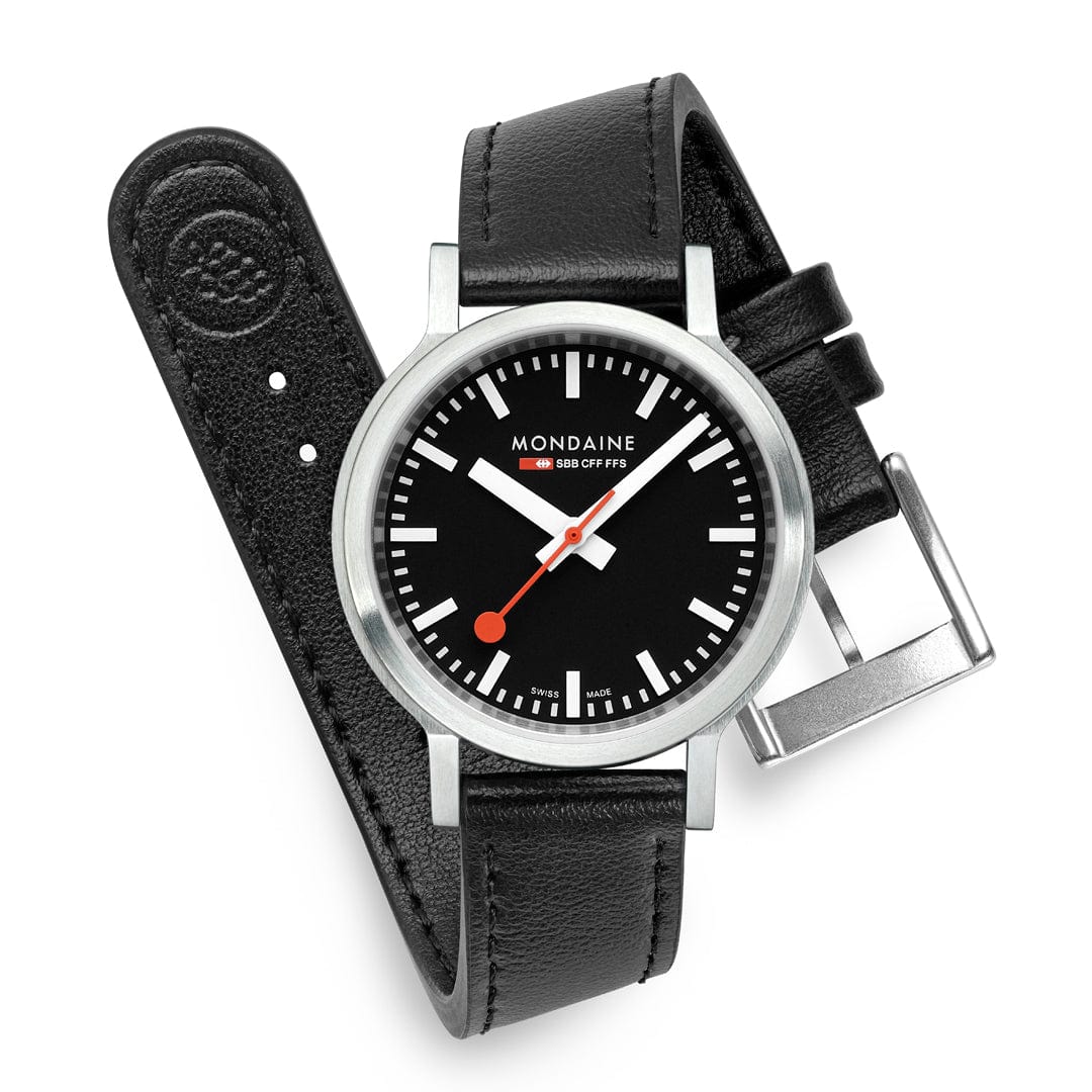 Mondaine stop2go watch Black Vegan Leather Strap, 34 mm