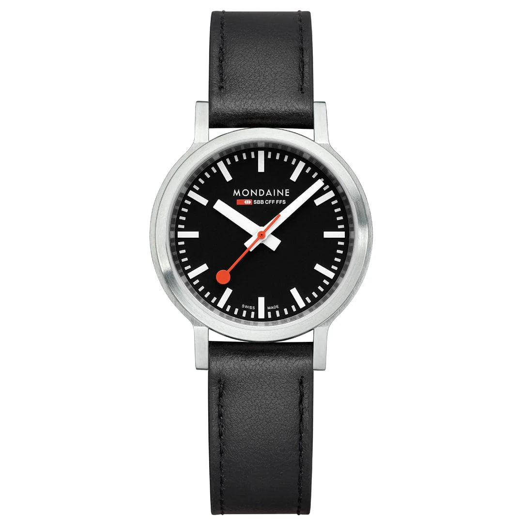 Mondaine stop2go watch Black Vegan Leather Strap, 34 mm
