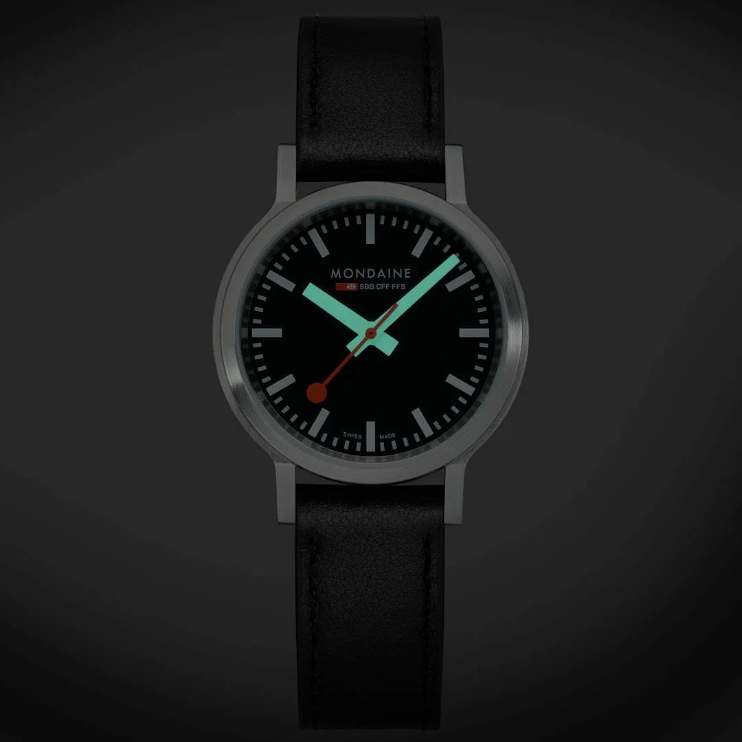Mondaine stop2go watch Black Vegan Leather Strap, 34 mm