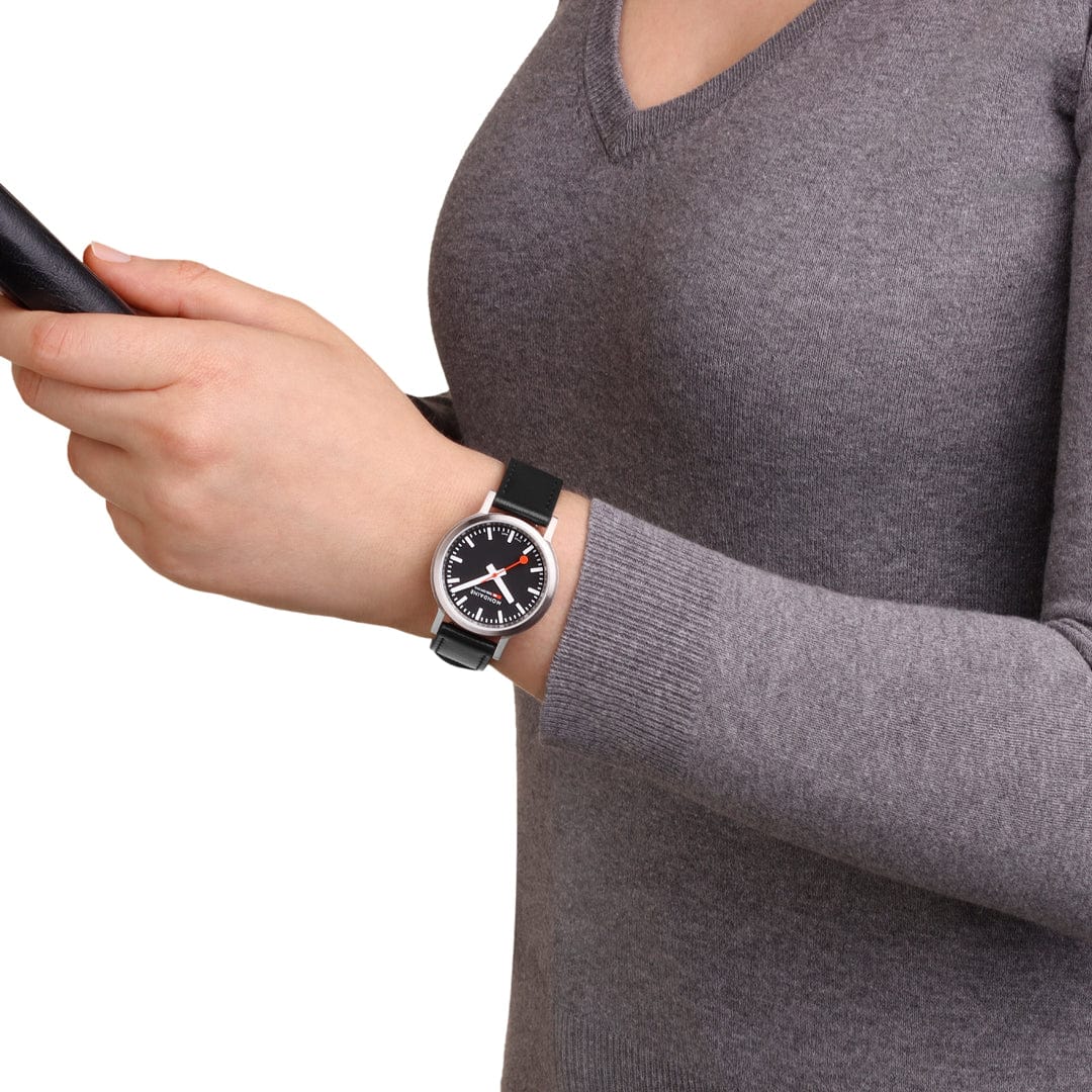 Mondaine stop2go watch Black Vegan Leather Strap, 34 mm
