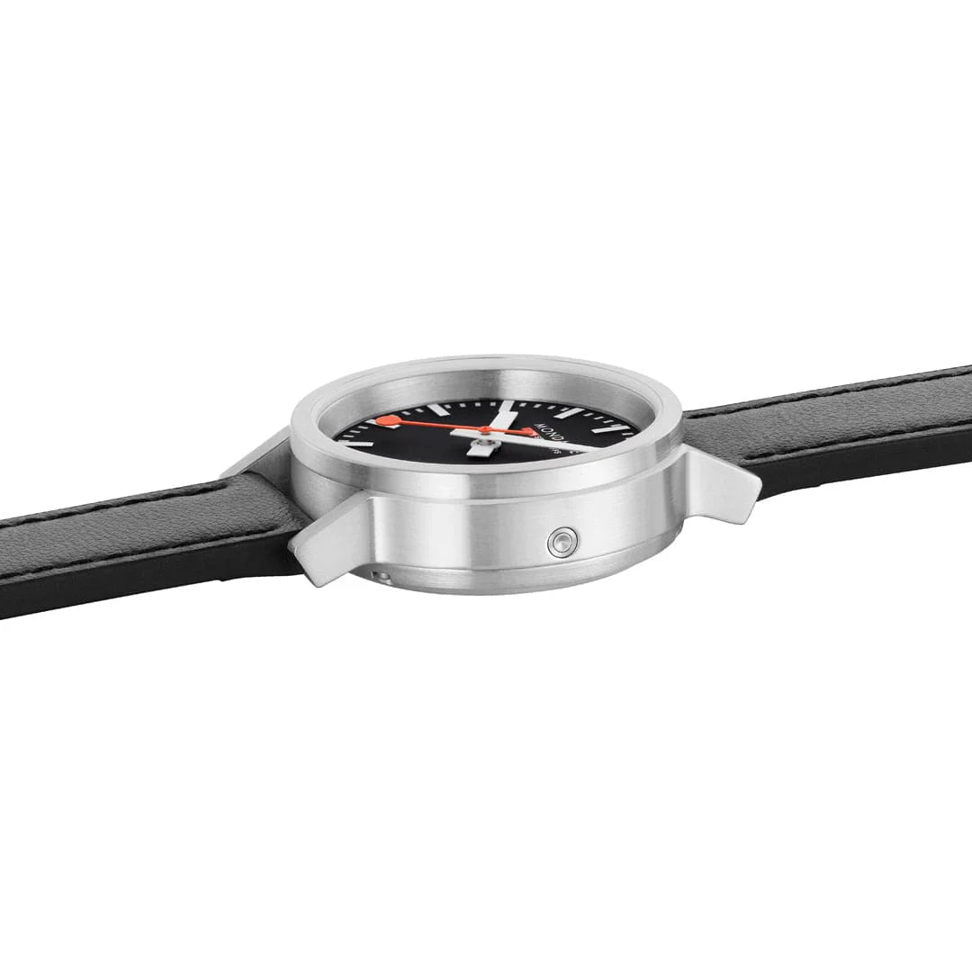 Mondaine stop2go watch Black Vegan Leather Strap, 34 mm