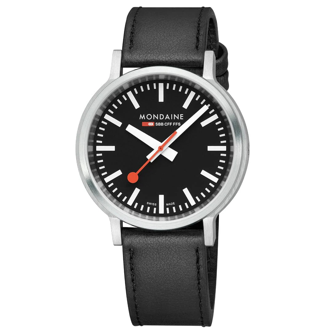 Mondaine stop2go watch Black Vegan Leather Strap, 41 mm