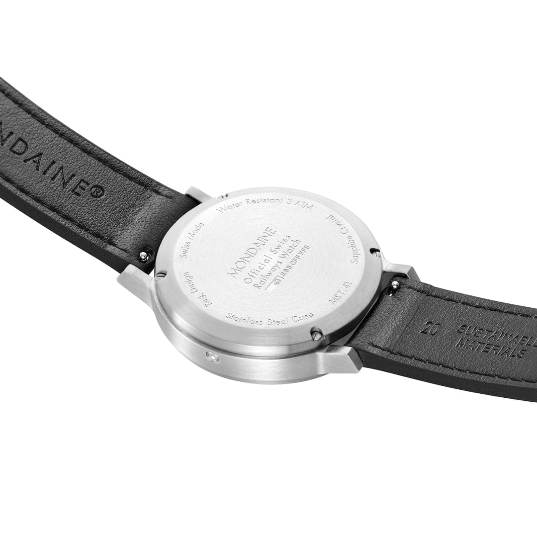 Mondaine stop2go watch Black Vegan Leather Strap, 41 mm