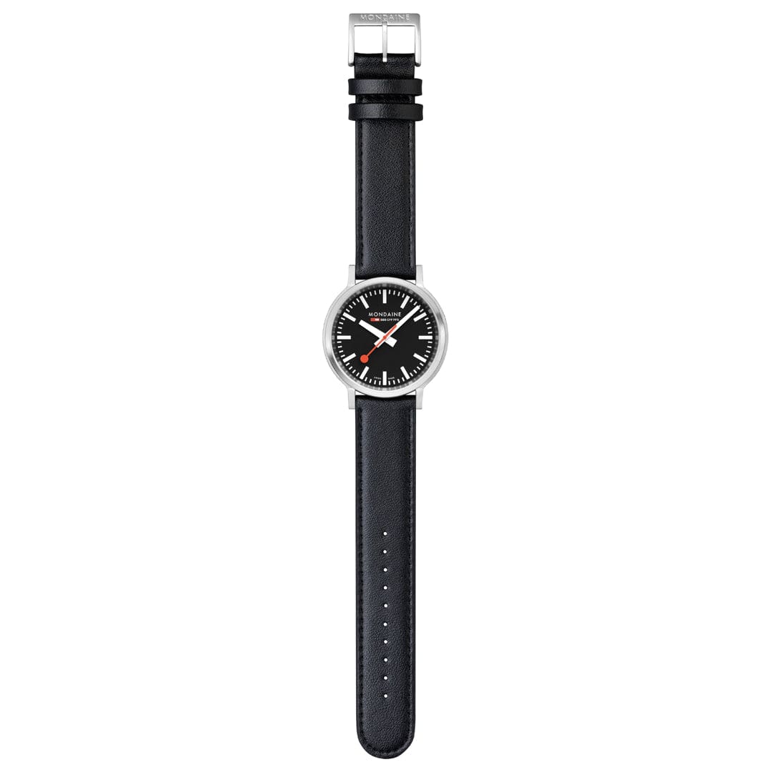 Mondaine stop2go watch Black Vegan Leather Strap, 41 mm