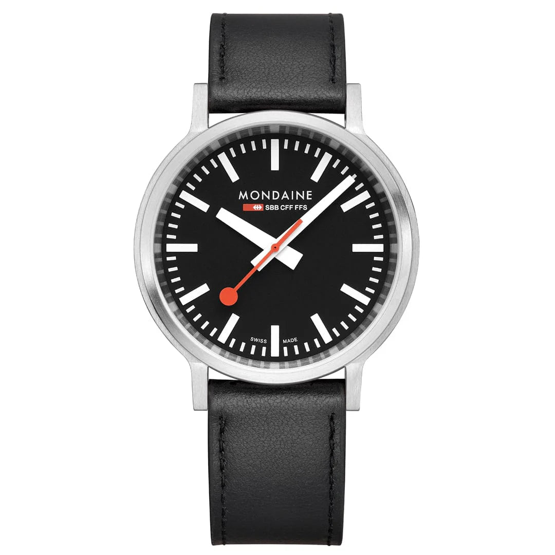 Mondaine stop2go watch Black Vegan Leather Strap, 41 mm