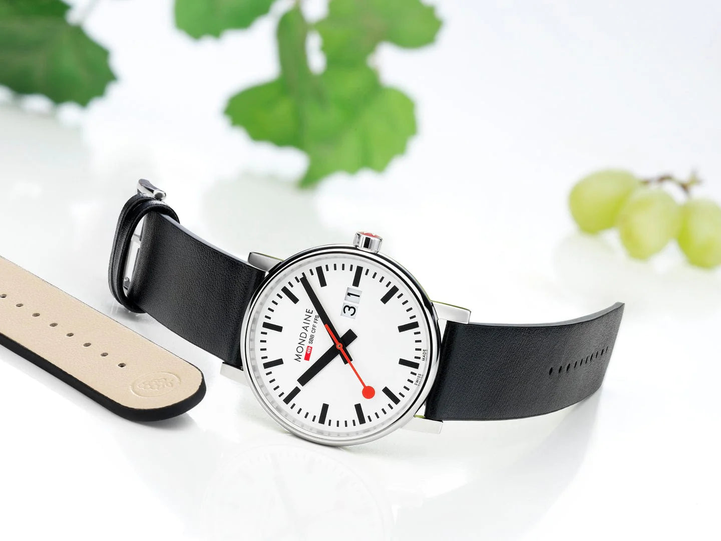 Mondaine Evo2 Big Date Men's Watch, Polished Steel, 40 mm, Black Vegan Leather Strap